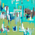 Abstract artwork with geometrical shapes in teal, green, white and red tones