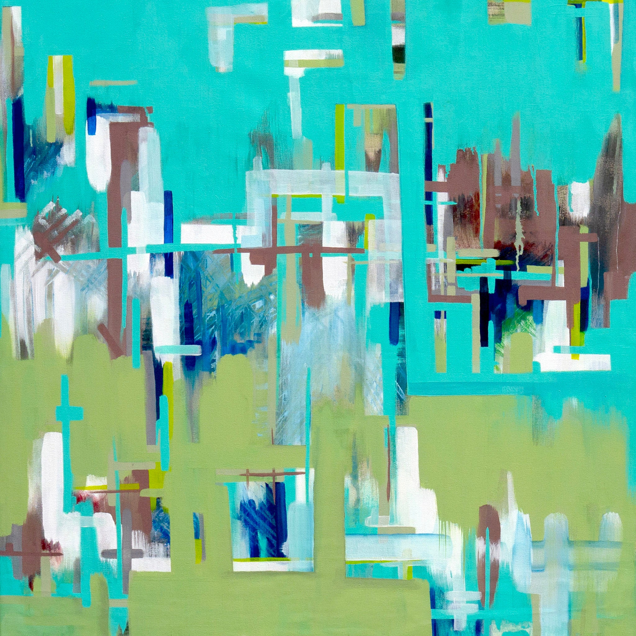 Abstract artwork with geometrical shapes in teal, green, white and red tones