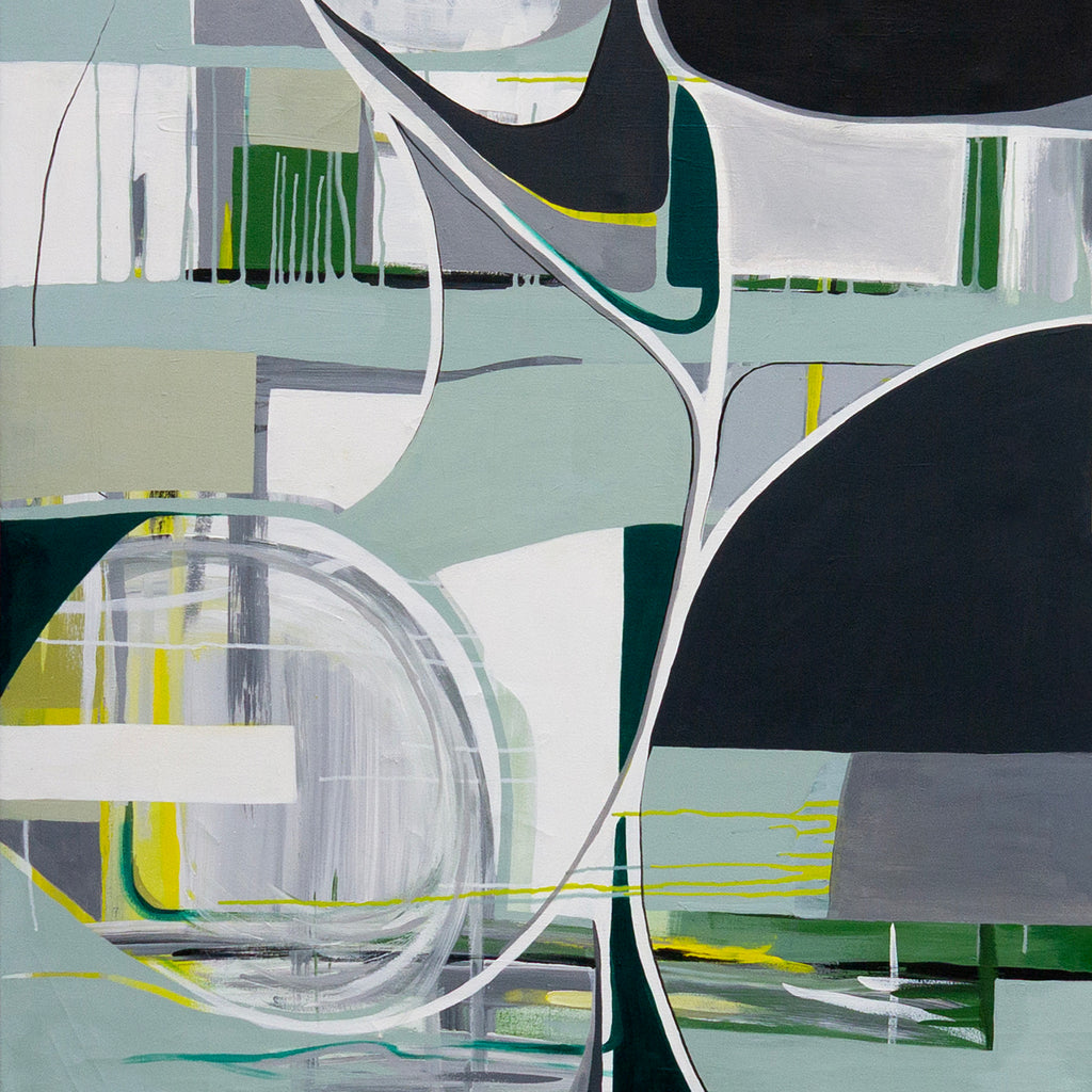 Abstract art with geometric shapes in green, black, and white on a light gray background