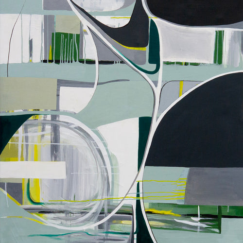 Abstract art with geometric shapes in green, black, and white on a light gray background