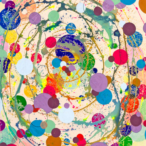 Abstract artwork with colorful circles and splashes on a canvas background