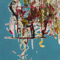 Abstract artwork with dynamic brush strokes in pink, yellow and blues on teal background
