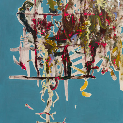 Abstract artwork with dynamic brush strokes in pink, yellow and blues on teal background