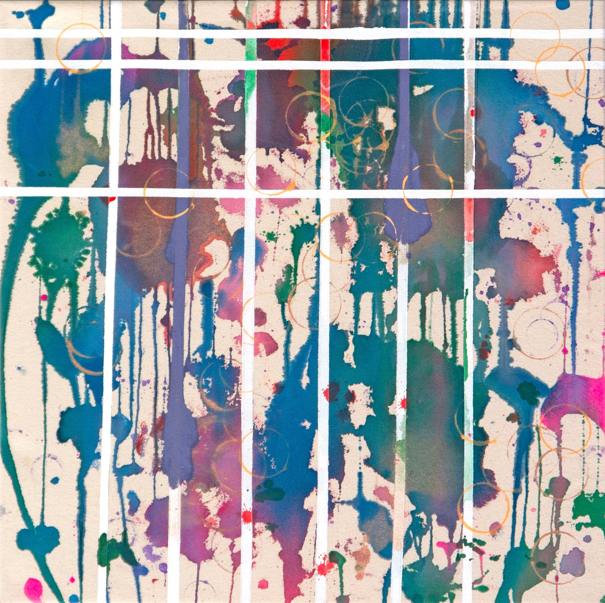 Abstract art with colorful splashes and drips on a grid pattern