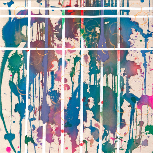 Abstract art with colorful splashes and drips on a grid pattern