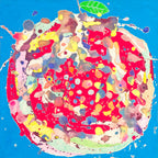 Colorful abstract art on a blue background shaped like an apple