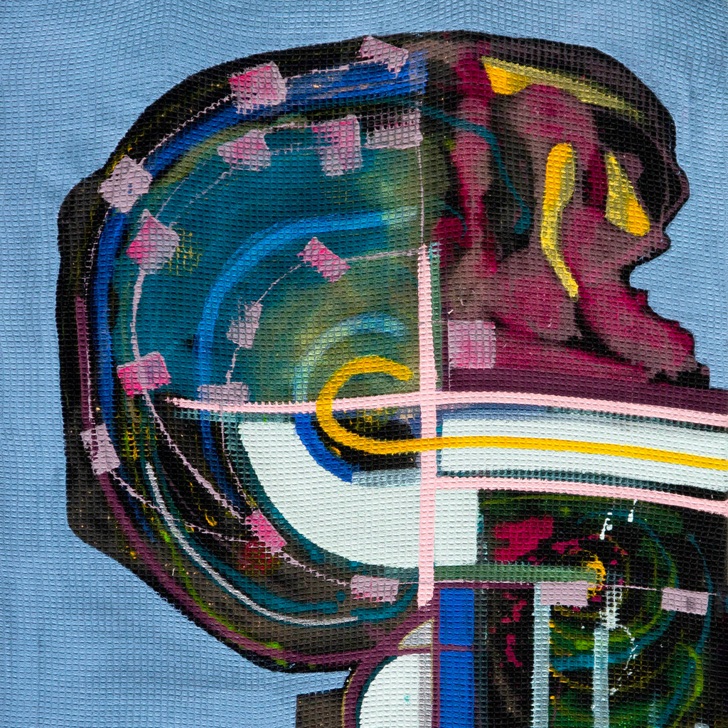 Abstract art piece with colorful swirls and geometric shapes on a blue background