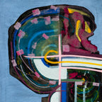 Abstract art piece with colorful swirls and geometric shapes on a blue background