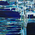 Abstract artwork with blue, yellow, white and green strokes on dark blue background