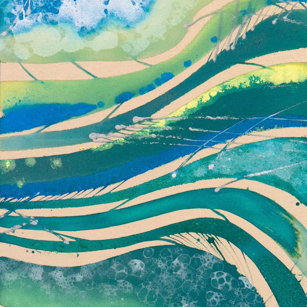 Abstract artwork with hues of blue, yellow and green representing waves