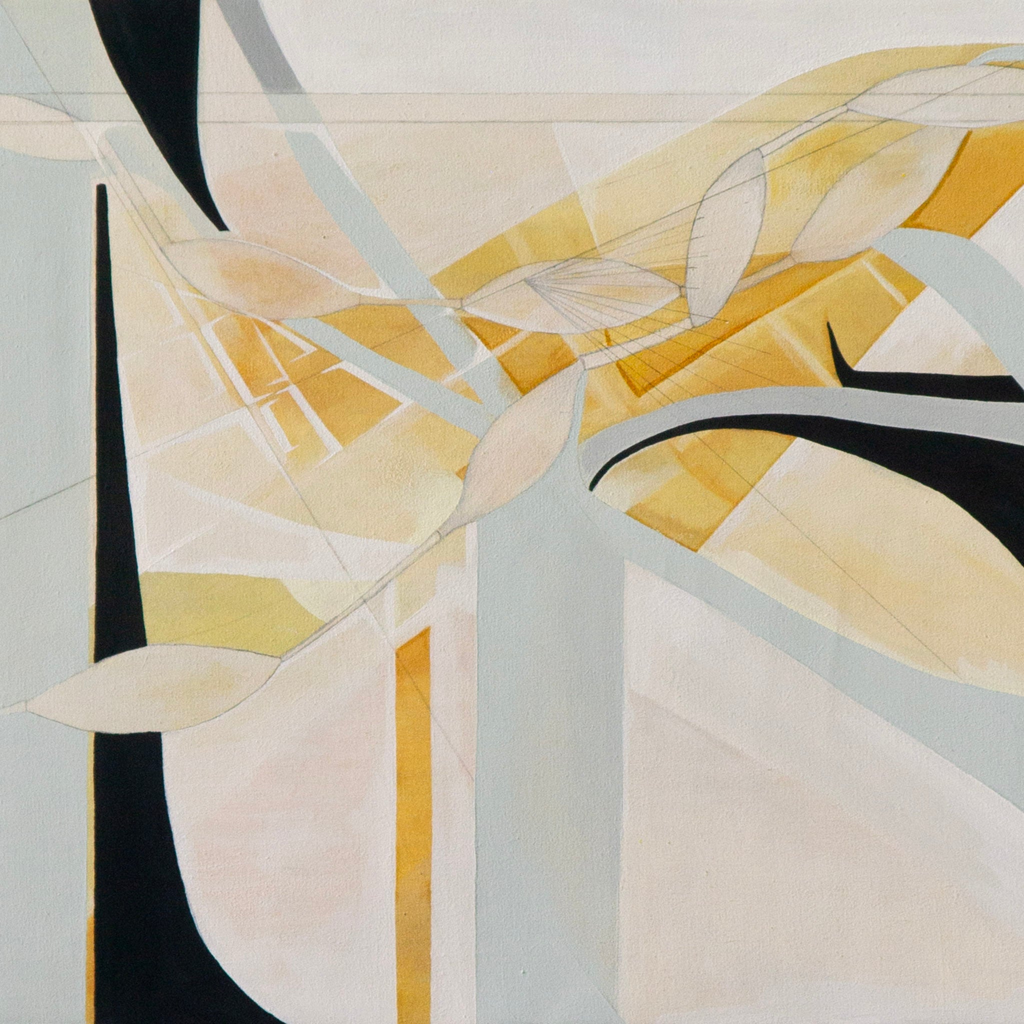 Abstract artwork with flowing lines and seed pods in hues of yellow, pastel blue and white offset with black shapes