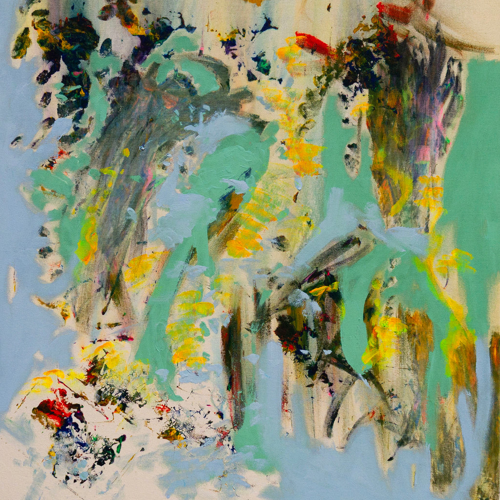 Abstract artwork with colourful marks in hues of green, yellow and blues