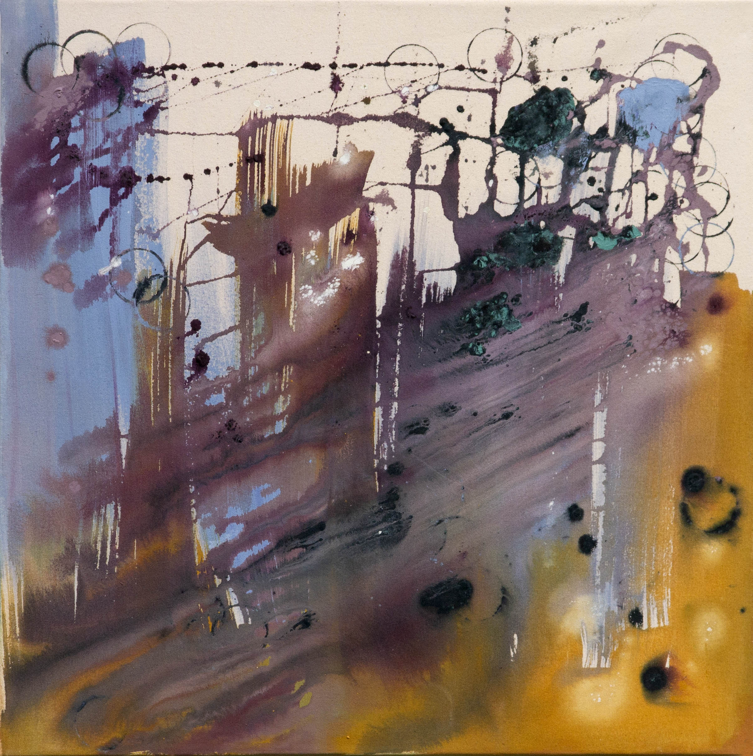 Abstract art with splashes of purple, yellow, and black on a plain canvas background