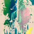 Abstract art with splashes of green, blue, pink, and yellow on a canvas background