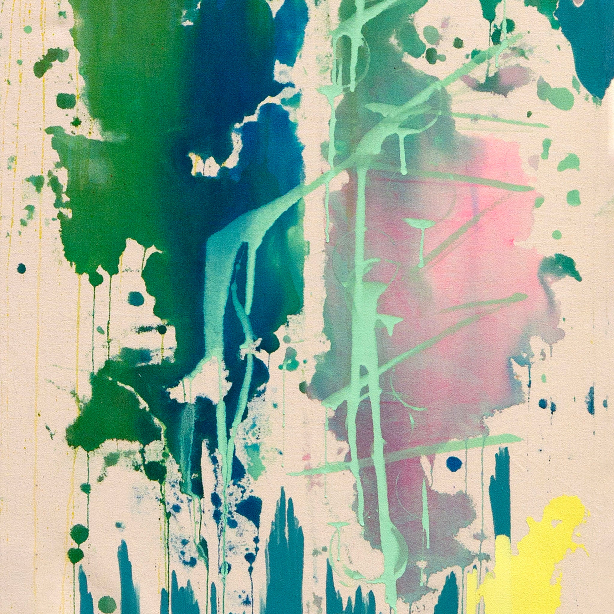 Abstract art with splashes of green, blue, pink, and yellow on a canvas background