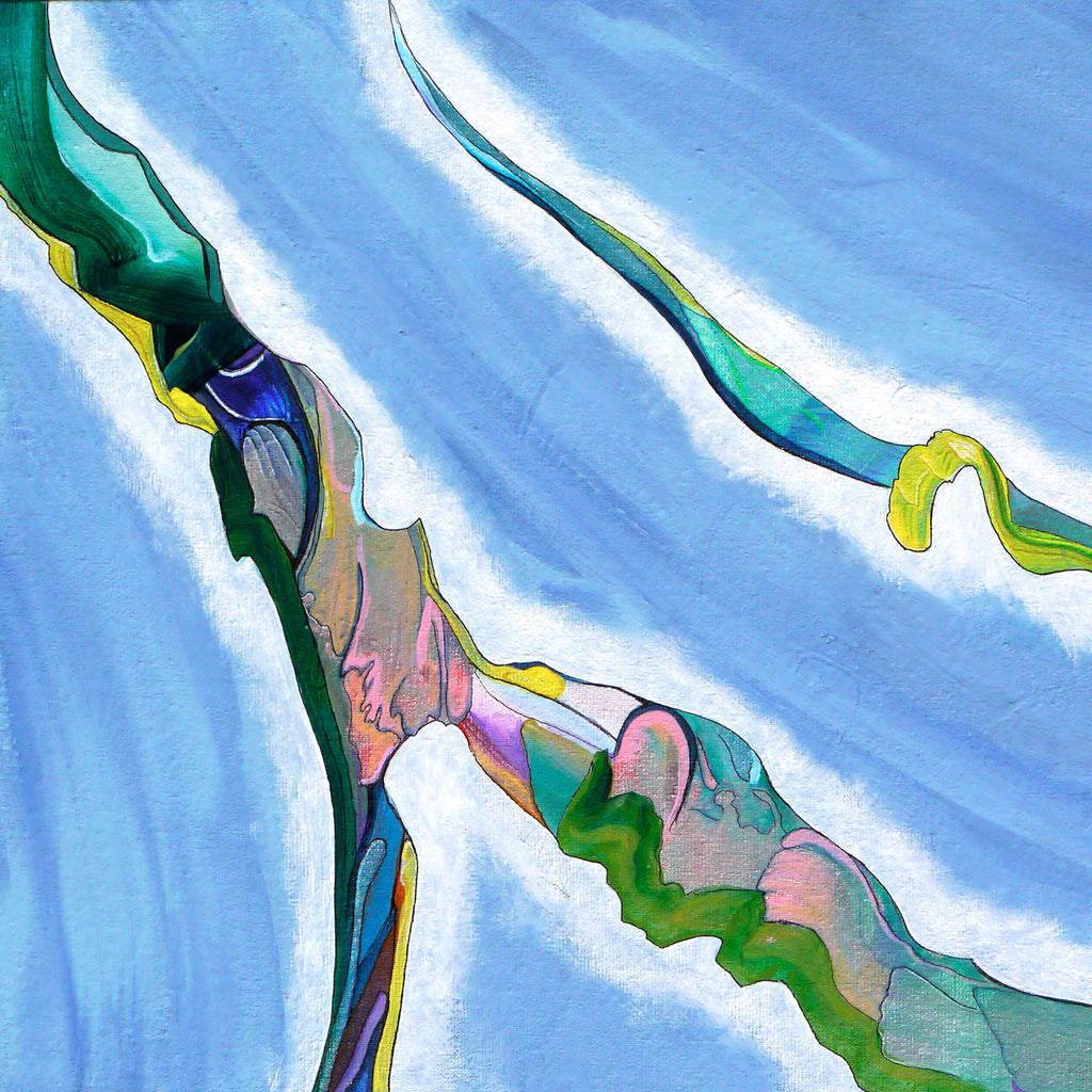 Abstract artwork with wavy lines in green, blue, and pink on a ocean like blue background