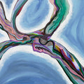 Abstract artwork with colorful, wavy lines on a blue ocean like background