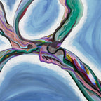 Abstract artwork with colorful, wavy lines on a blue ocean like background