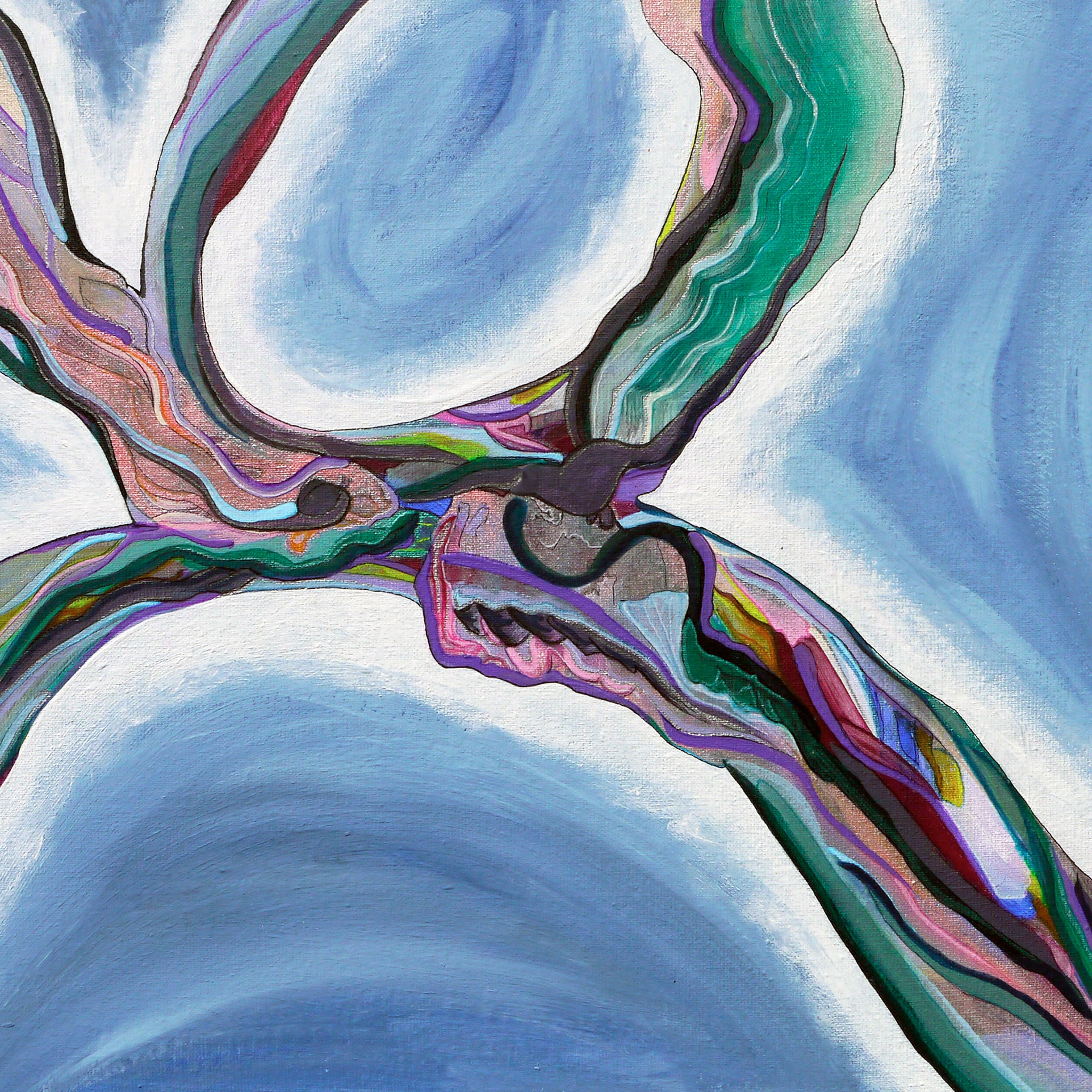 Abstract artwork with colorful, wavy lines on a blue ocean like background