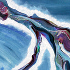 Abstract artwork with swirling colors on a blue and white ocean like background
