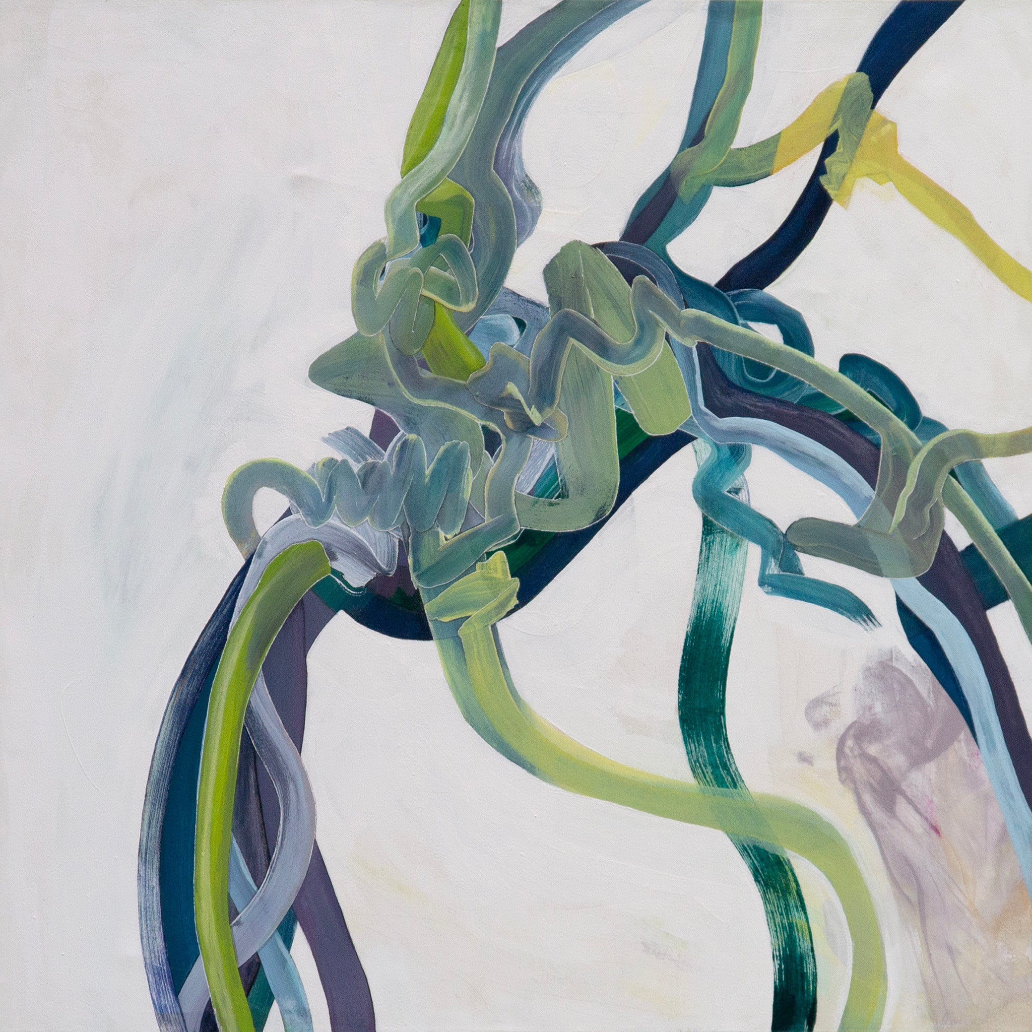 Abstract artwork with wavy lines in green, blue, and purple on a light background