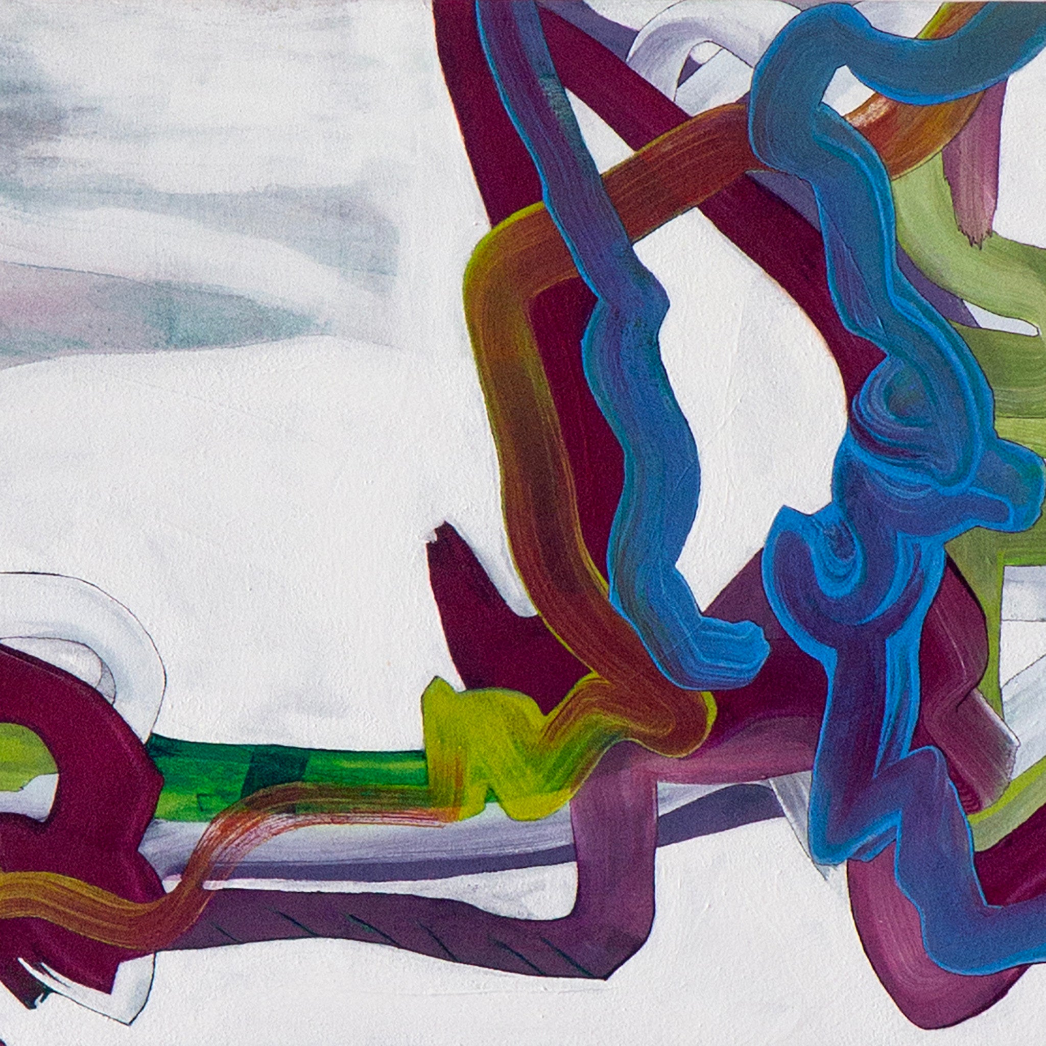 Abstract artwork with wavy lines in red, blue, green on a white background