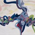 Abstract artwork with wavy, multicolored lines on a textured background