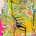 Abstract artwork with vibrant colors and dynamic lines on a textured background
