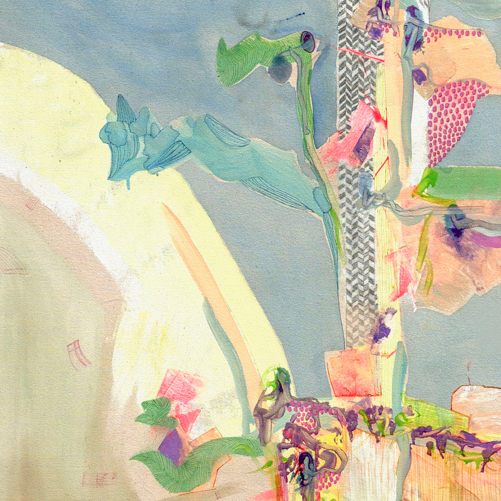 Abstract artwork with colorful shapes and patterns on a textured surface tree shaped