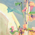 Abstract artwork with colorful shapes and patterns on a textured surface tree shaped