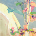 Abstract artwork with colorful shapes and patterns on a textured surface tree shaped