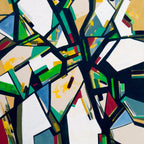 Abstract art with geometric shapes and vibrant colours on a plain canvas background