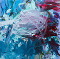 Abstract painting with a dynamic mix of blue, red, and white colours