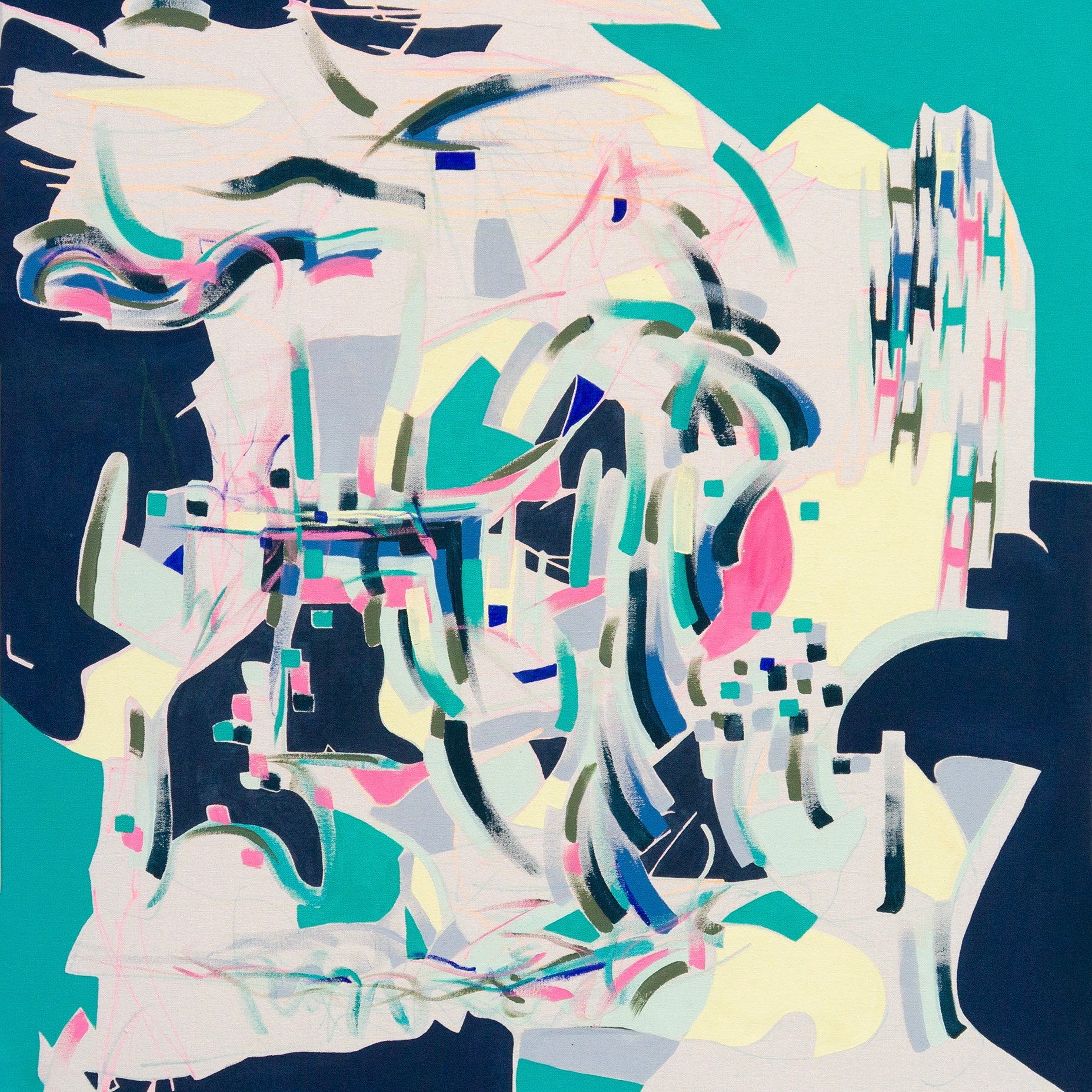 Abstract Art with dynamic movement with tones of green, yellow, pinks and blue