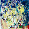 Abstract artwork with blue, yellow, with and red marks on a textured background