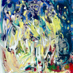 Abstract artwork with blue, yellow, with and red marks on a textured background