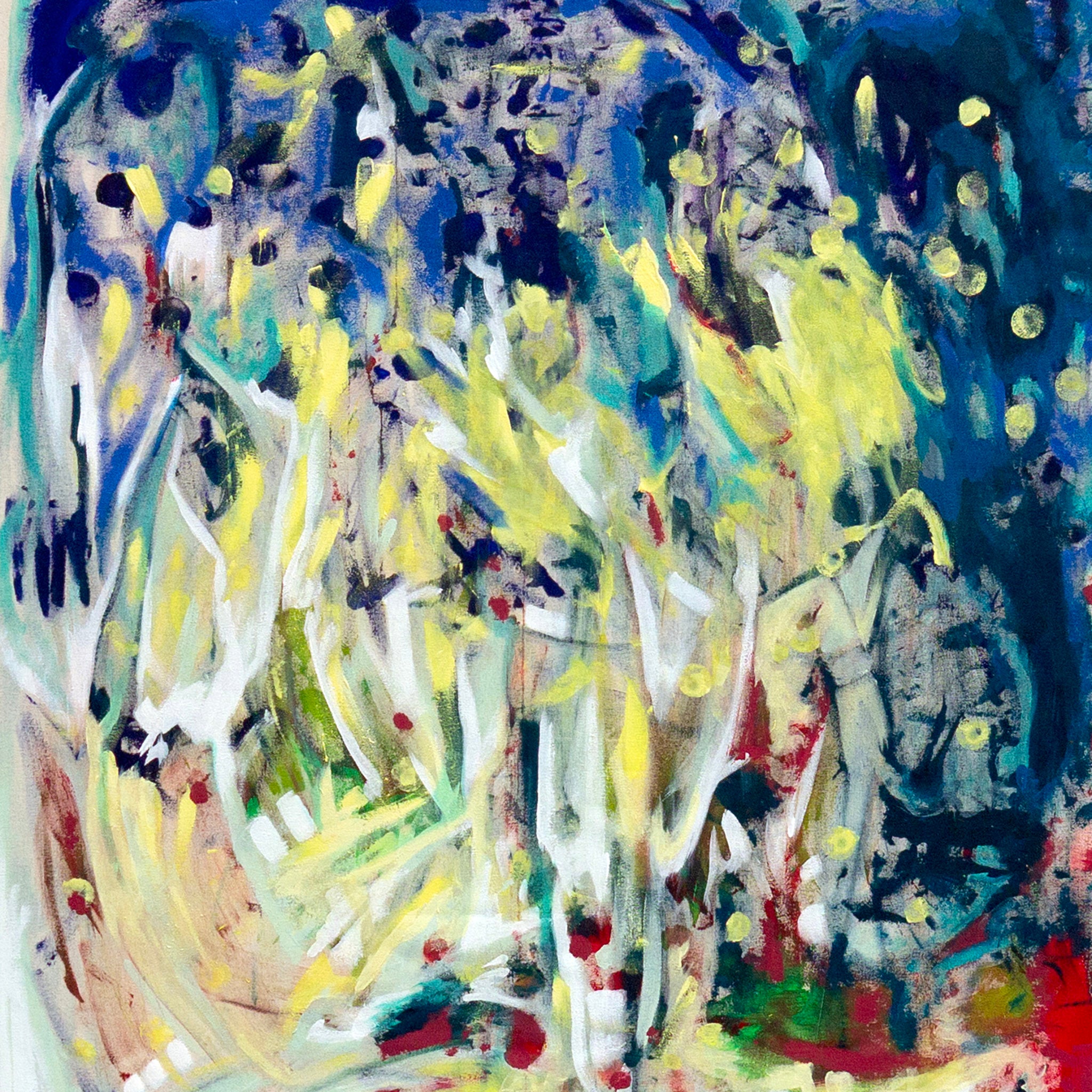 Abstract artwork with blue, yellow, with and red marks on a textured background