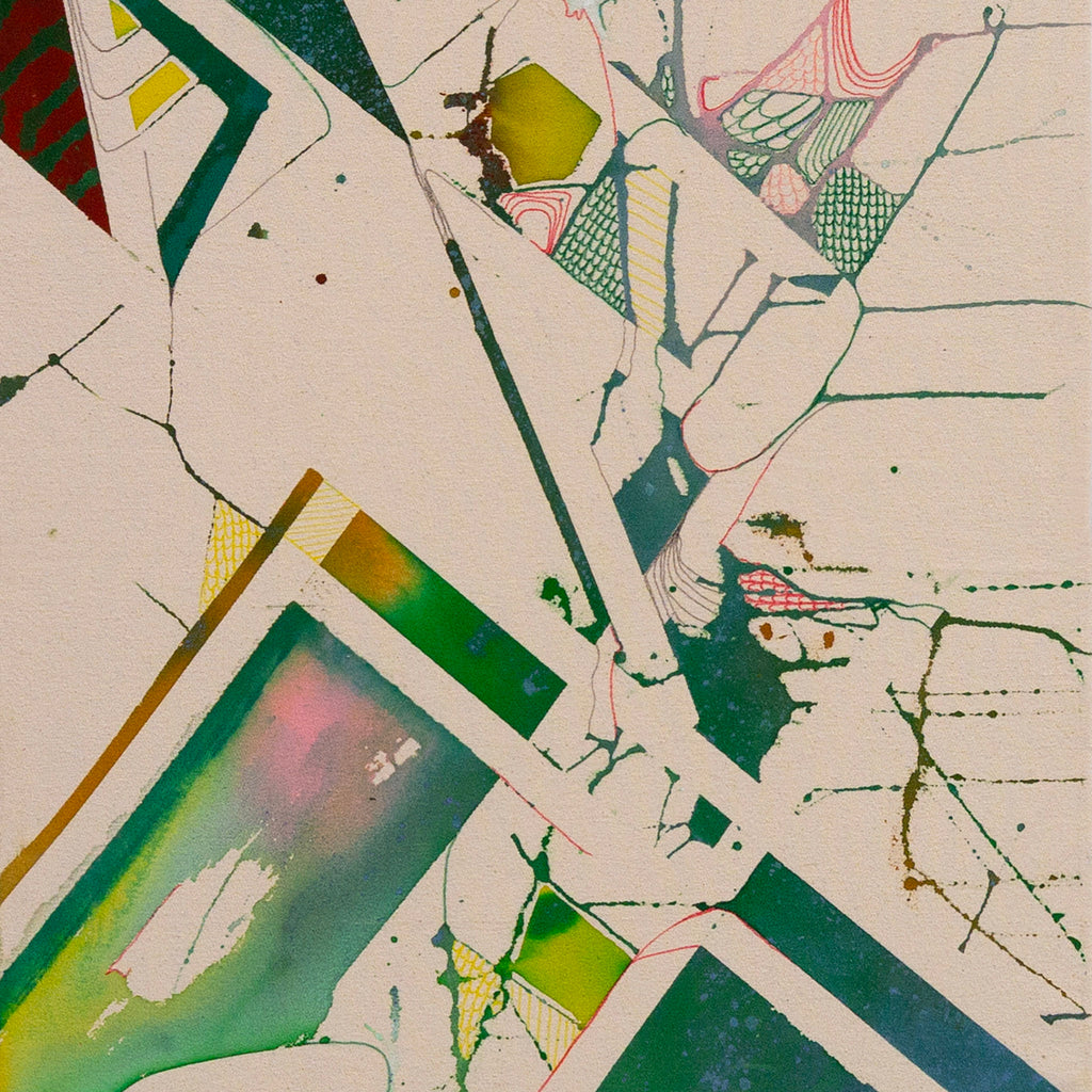 Abstract art piece with geometric shapes and colors on a textured background