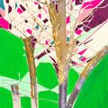 Colorful abstract art with trees and geometric patterns