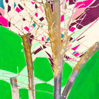 Colorful abstract art with trees and geometric patterns