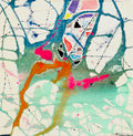 Abstract artwork with colorful splashes on a textured background