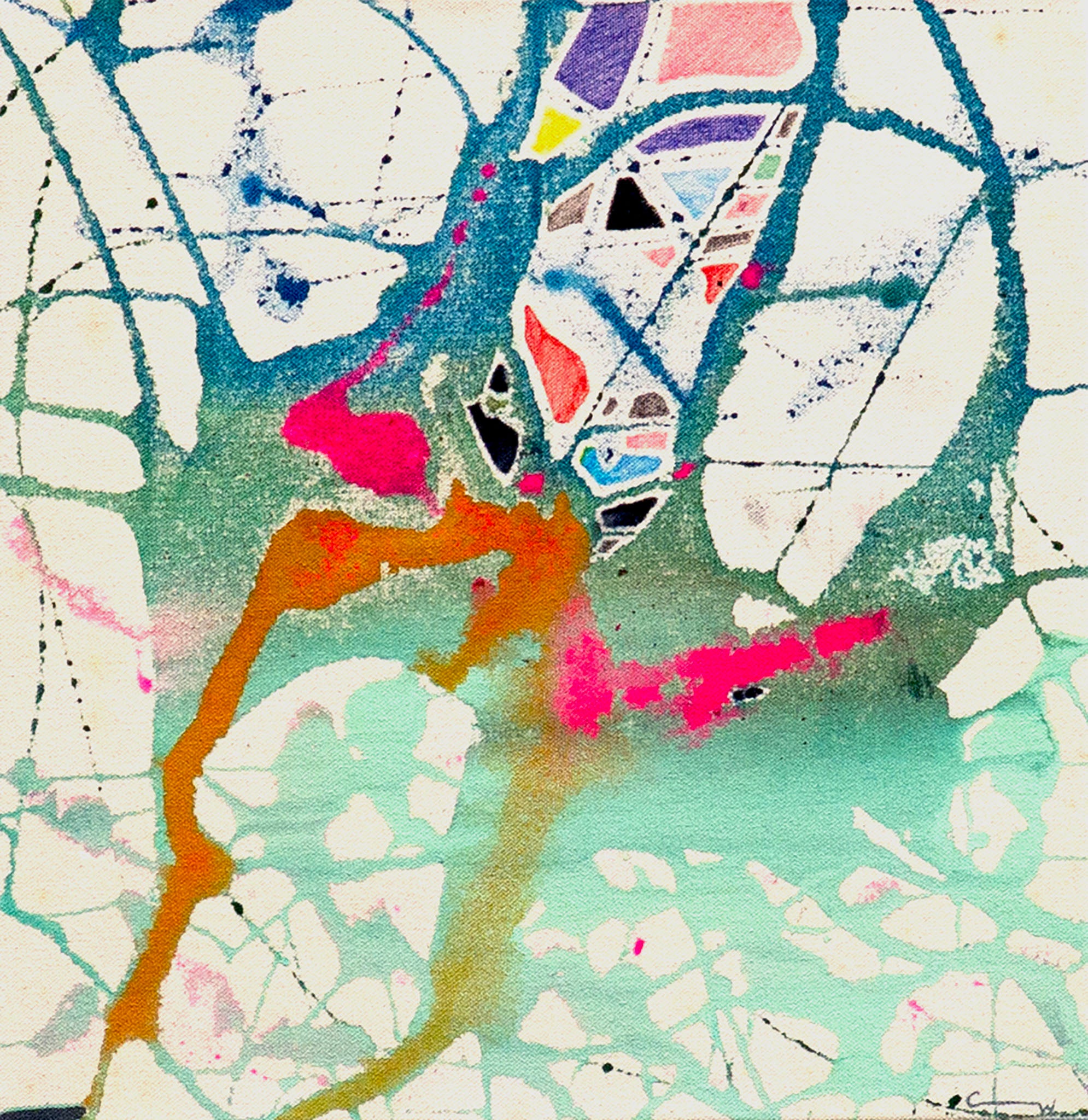 Abstract artwork with colorful splashes on a textured background