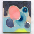 Abstract acrylic painting with pink, blue, and yellow shapes offset with grey