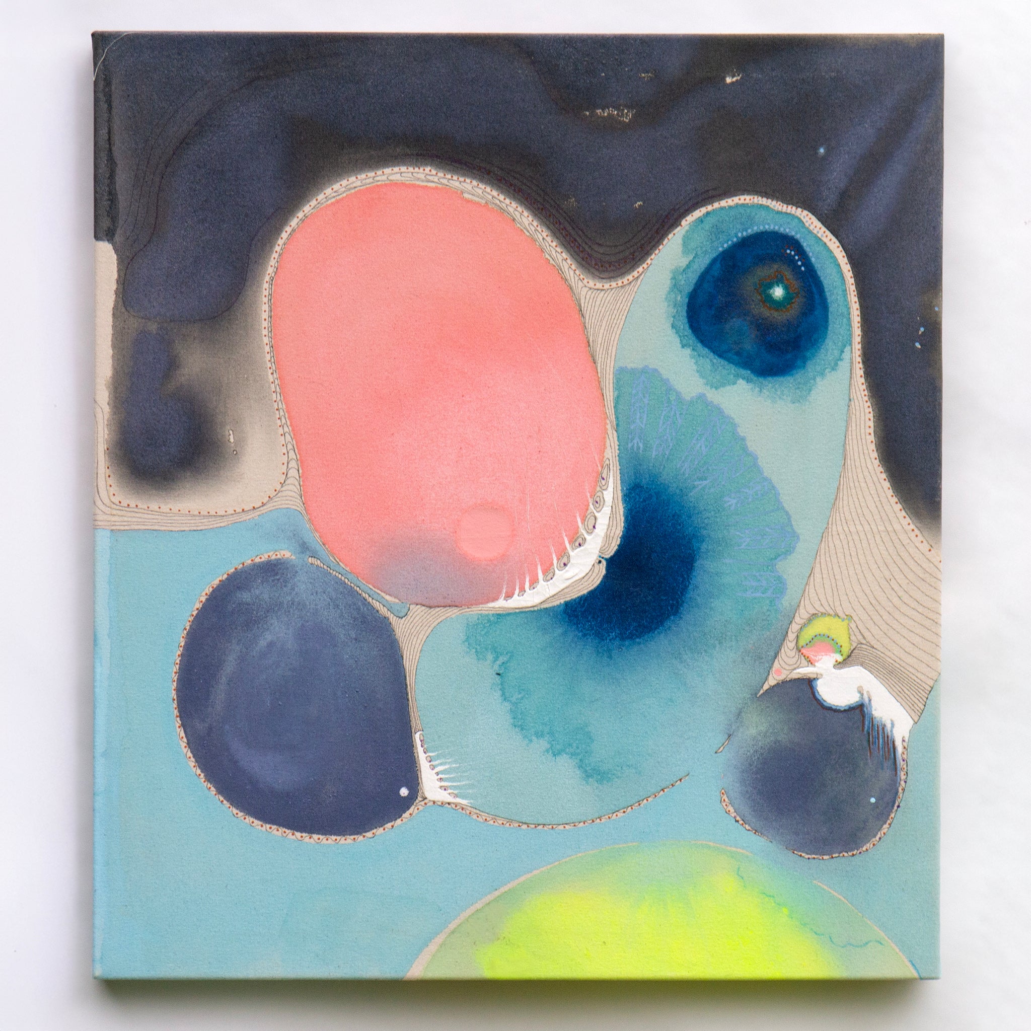 Abstract acrylic painting with pink, blue, and yellow shapes offset with grey