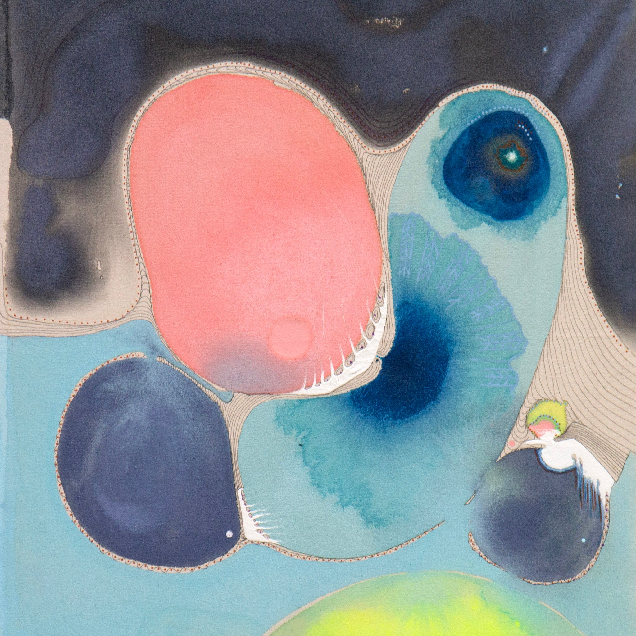 Abstract acrylic painting with pink, blue, and yellow shapes offset with grey