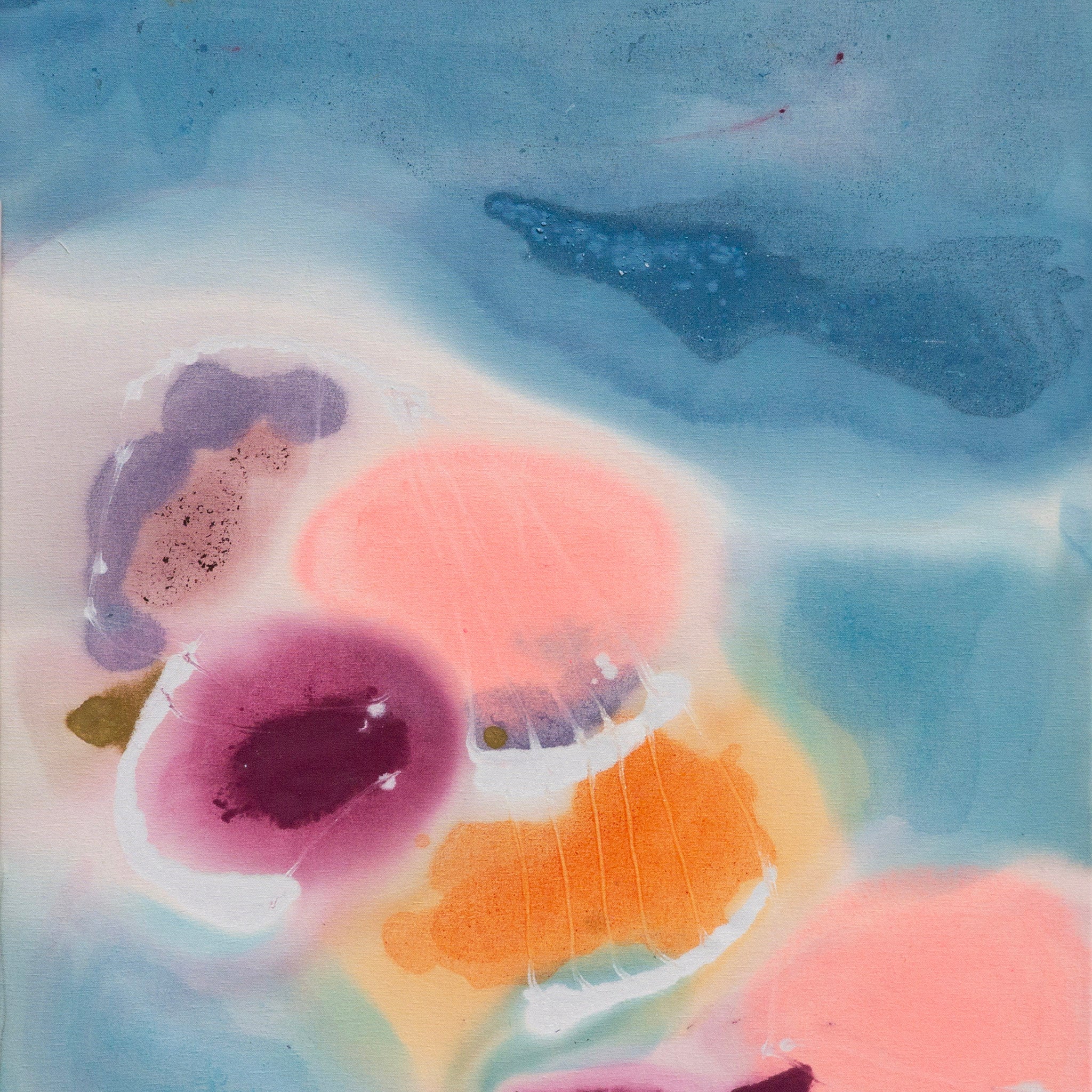 Abstract art with colorful circular shapes on a textured surface